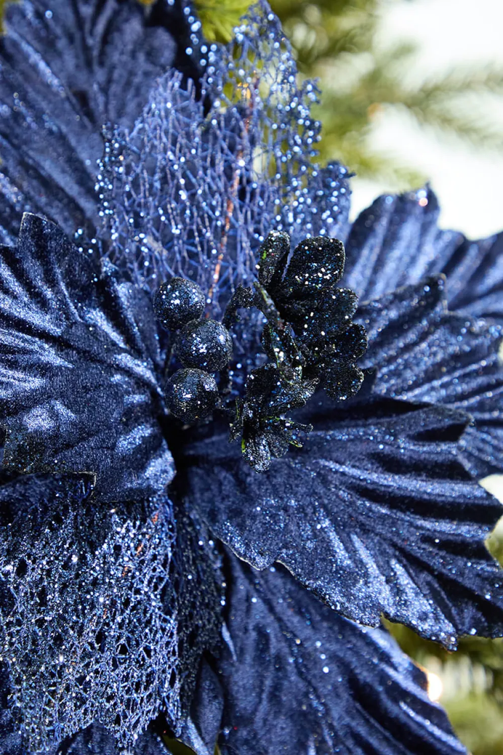 Decorator's Warehouse 20" x 12" Velvet Glitter Poinsettia - Navy > Christmas Decor|Merry & Bright
