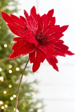 Decorator's Warehouse 19” x 13.5" Velvet Glitter Poinsettia Stem > Nutcracker|Christmas Decor