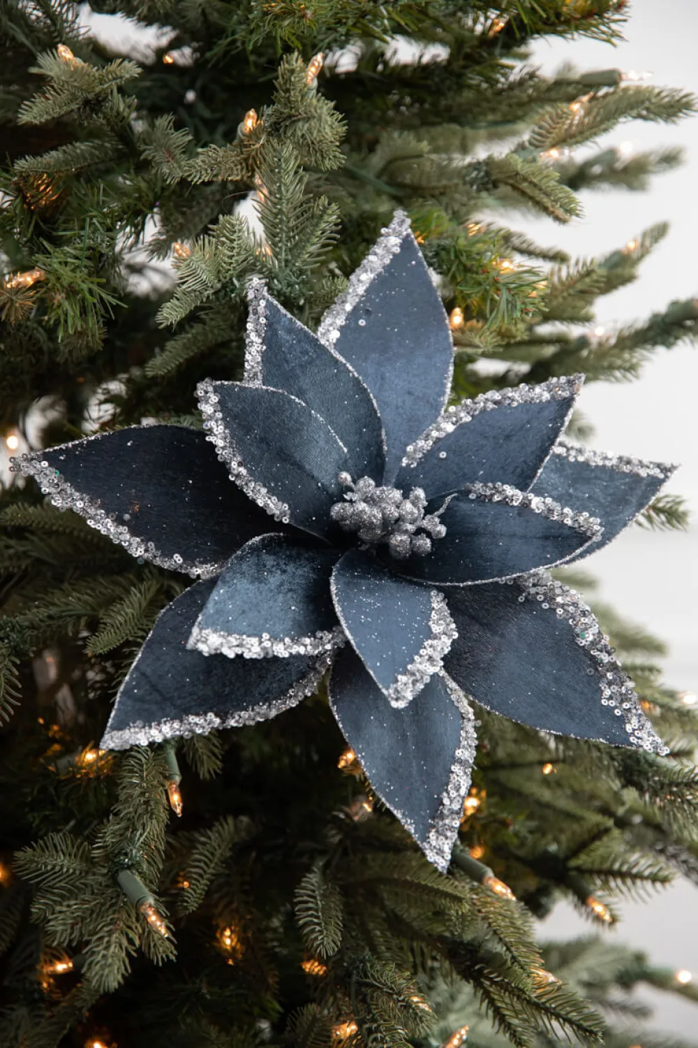 Decorator's Warehouse 22” x 12.5" Velvet Glitter Poinsettia Stem - Blue and Grey > Blue Christmas|Christmas Flowers