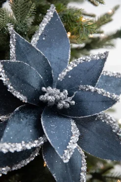Decorator's Warehouse 22” x 12.5" Velvet Glitter Poinsettia Stem - Blue and Grey > Blue Christmas|Christmas Flowers