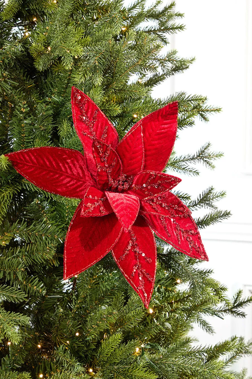 Decorator's Warehouse 20" x 15" Velvet Jewel Poinsettia Stem > Cardinal|Nutcracker