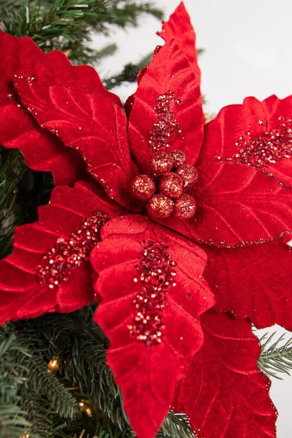 Decorator's Warehouse 24” x 12.5" Velvet Sequin Stripe Poinsettia Stem > Nutcracker|Red & Silver