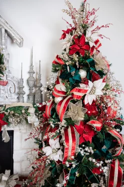 Decorator's Warehouse 24” x 12.5" Velvet Sequin Stripe Poinsettia Stem > Nutcracker|Red & Silver