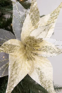 Decorator's Warehouse 20” x 11.5" Velvet Sheer Glitter Edge Poinsettia Stem > Christmas Sale|Christmas Decor