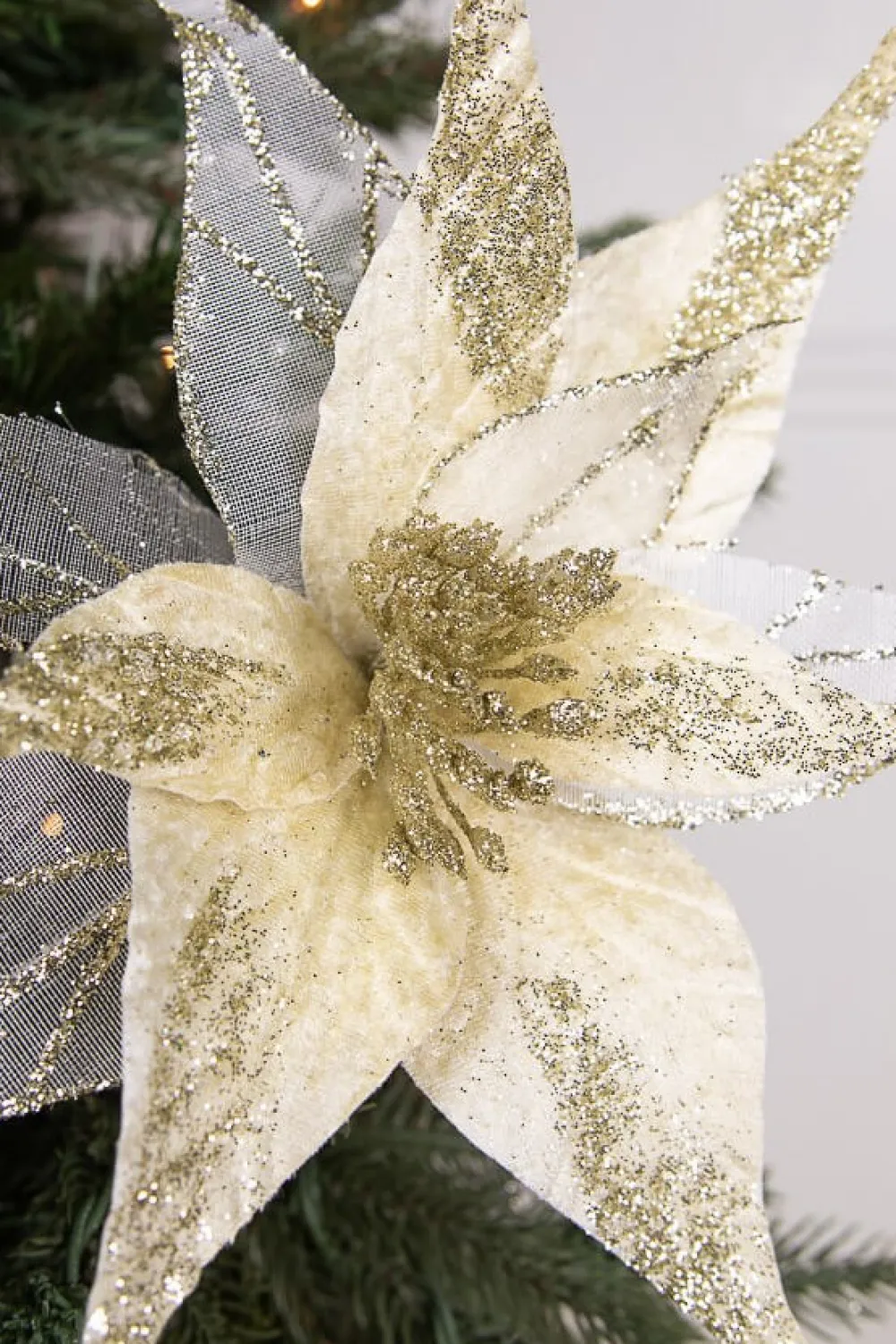 Decorator's Warehouse 20” x 11.5" Velvet Sheer Glitter Edge Poinsettia Stem > Christmas Sale|Christmas Decor