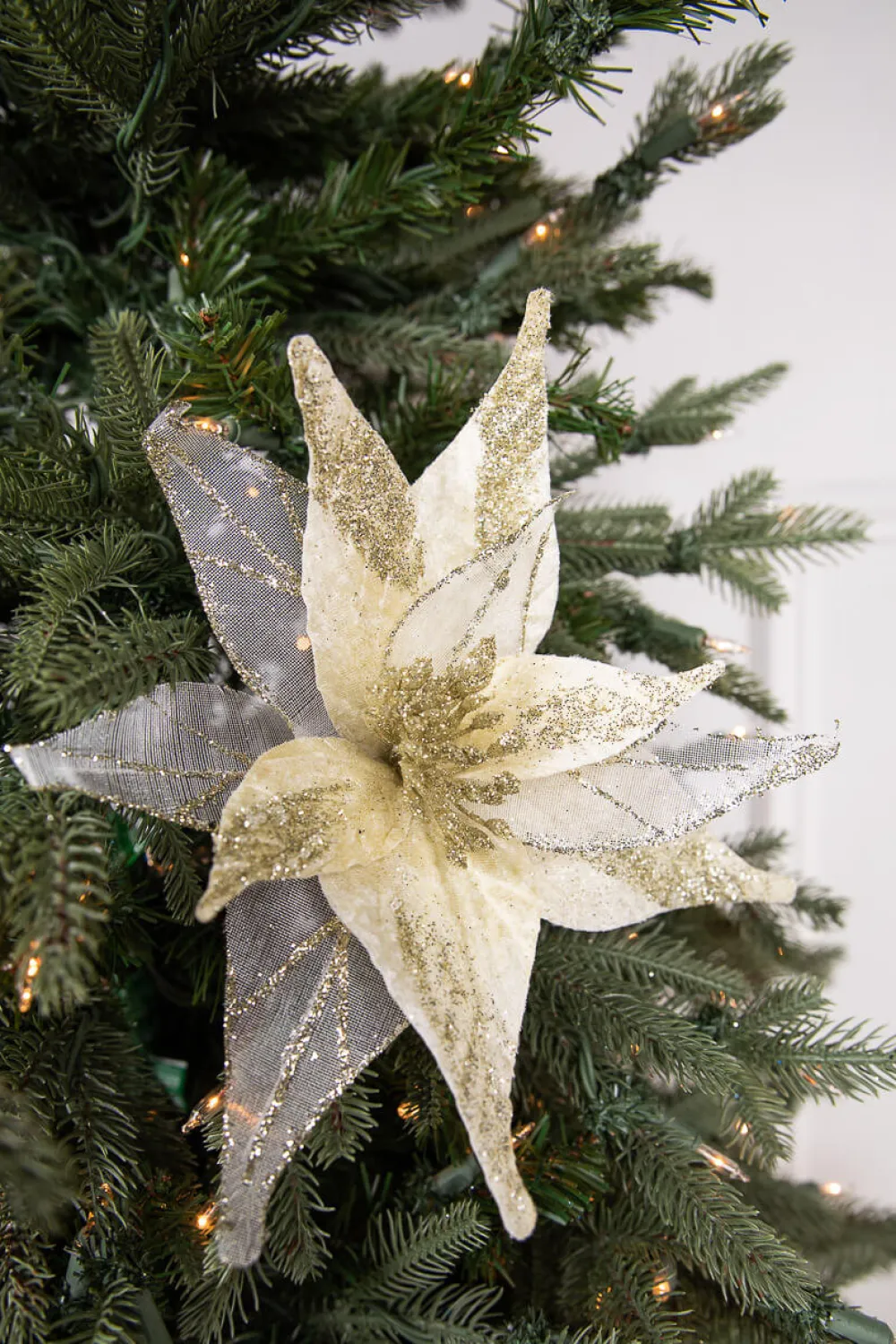 Decorator's Warehouse 20” x 11.5" Velvet Sheer Glitter Edge Poinsettia Stem > Christmas Sale|Christmas Decor