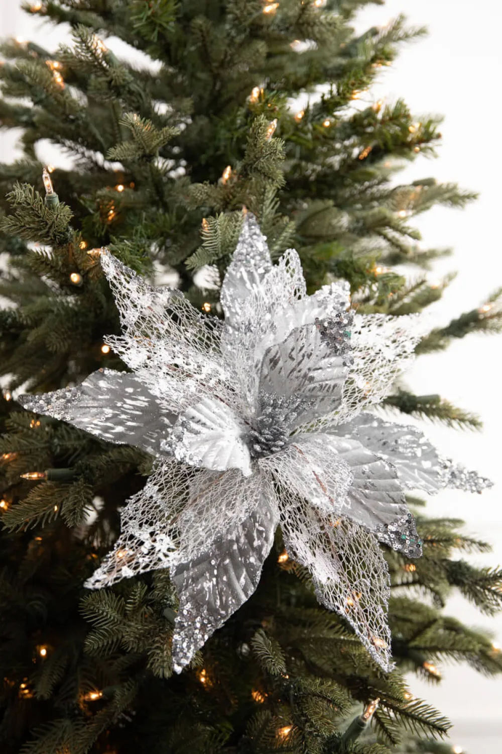 Decorator's Warehouse 22” x 14" Velvet Sheer Poinsettia Stem - Silver > White Christmas|Red & Silver