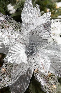 Decorator's Warehouse 22” x 14" Velvet Sheer Poinsettia Stem - Silver > White Christmas|Red & Silver