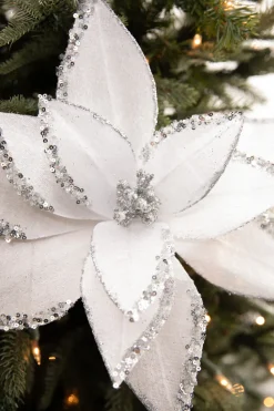 Decorator's Warehouse 22” x 12" White Velvet Glitter Poinsettia Stem > White Christmas|Christmas Decor