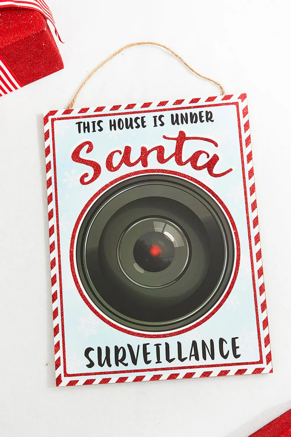 Decorator's Warehouse 16" x 12" White With Peppermint Trim Santa Surveillance Sign > North Pole Party|Christmas Decor