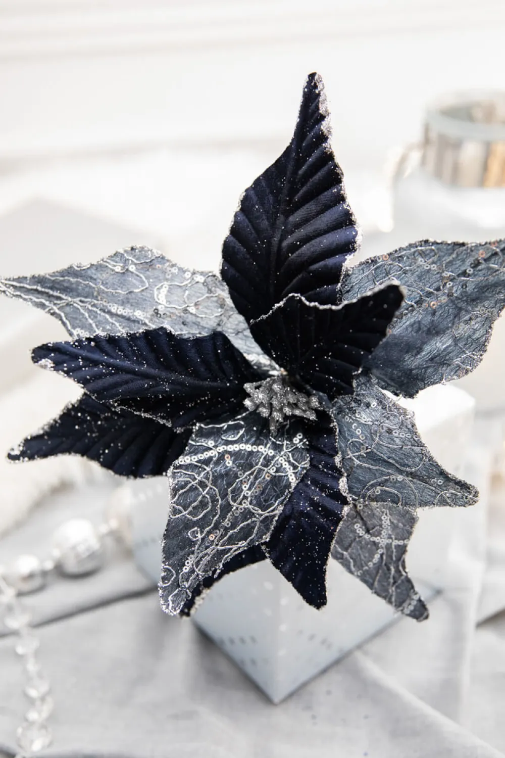 Decorator's Warehouse 24” x 13" Winters Night Navy Poinsettia Stem > Christmas Sale|Christmas Decor
