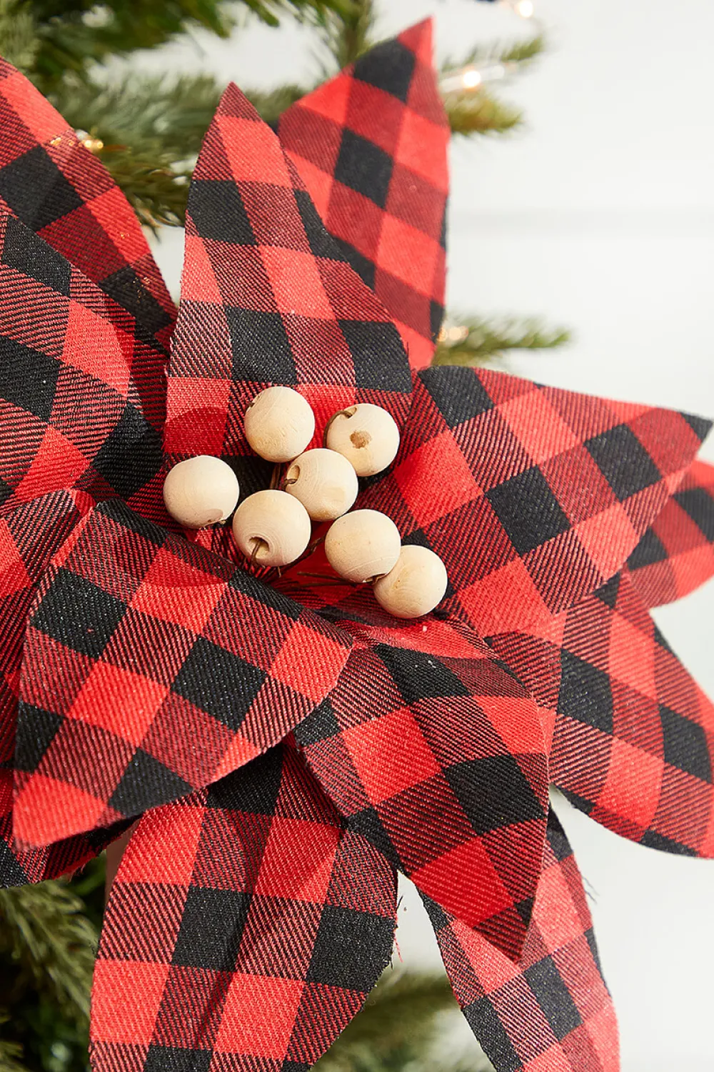 Decorator's Warehouse 22” x 13" Wood Bead Buffalo Check Poinsettia Stem > Farmhouse|Christmas Flowers
