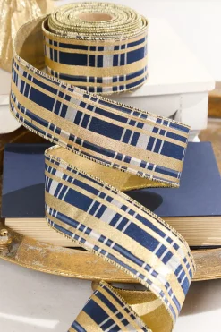 Decorator's Warehouse 2.5" x 10 Yard Blue and Gold Plaid Ribbon > Blue Christmas|Christmas Decor