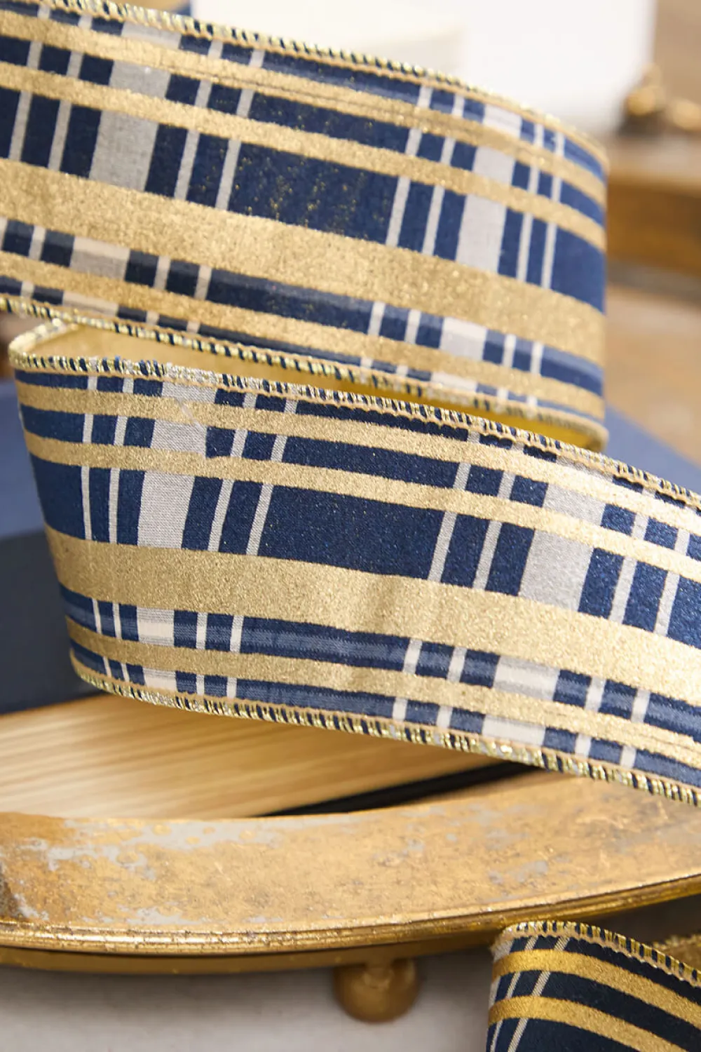 Decorator's Warehouse 2.5" x 10 Yard Blue and Gold Plaid Ribbon > Blue Christmas|Christmas Decor