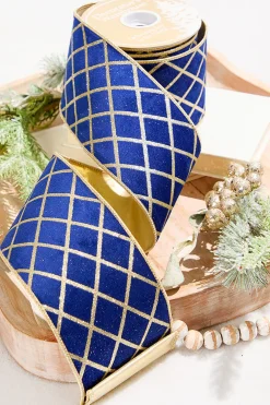 Decorator's Warehouse 4" x 10 Yard Blue Velvet with Gold Diamond Pattern Ribbon > Christmas Ribbon|Christmas Decor