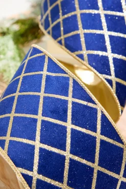 Decorator's Warehouse 4" x 10 Yard Blue Velvet with Gold Diamond Pattern Ribbon > Christmas Ribbon|Christmas Decor