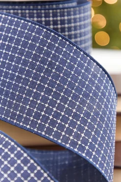 Decorator's Warehouse 4" x 10 Yard Blue & White Checkered Stitch Ribbon > Farmhouse|Christmas Ribbon