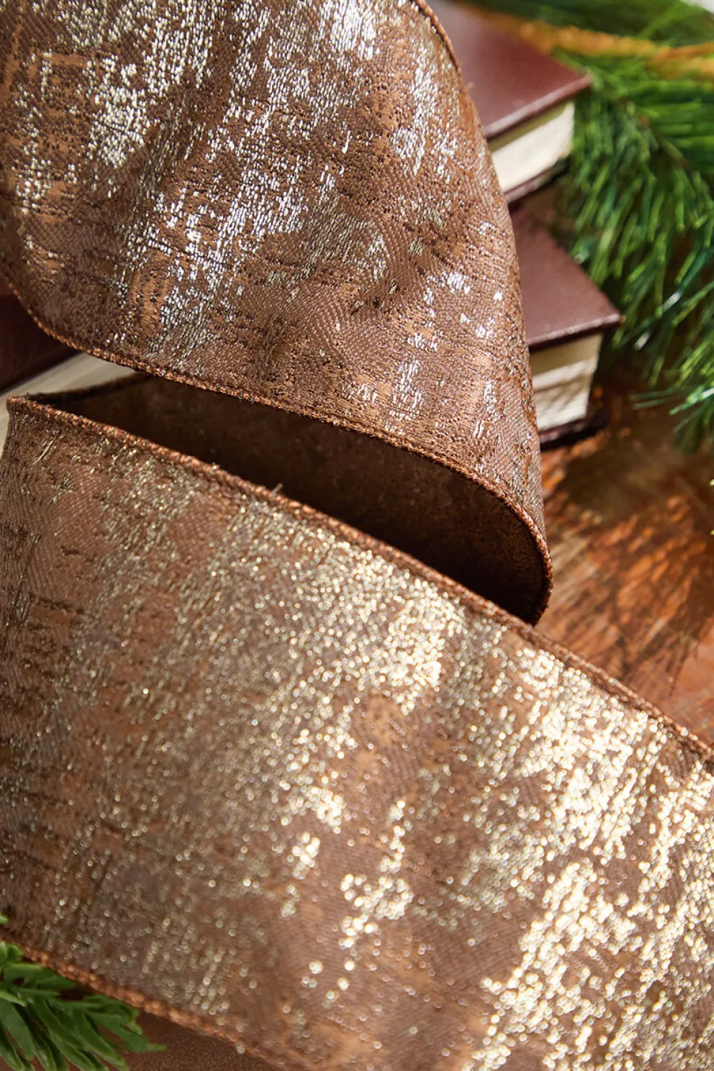 Decorator's Warehouse 4" x 5 Yard Brown Jacquard Dupioni Ribbon > Winter Woodland|Christmas Ribbon