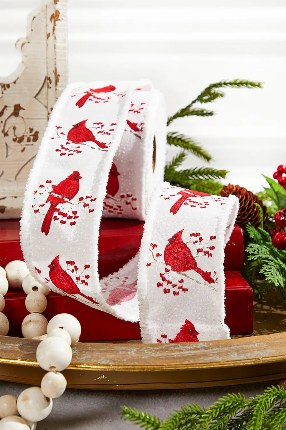 Decorator's Warehouse 2.5" x 10 Yard Cardinal/Branch/Berry/Drift - White and Red > Cardinal|Christmas Decor