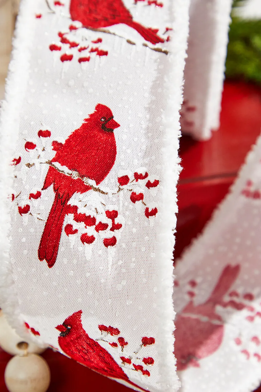 Decorator's Warehouse 2.5" x 10 Yard Cardinal/Branch/Berry/Drift - White and Red > Cardinal|Christmas Decor