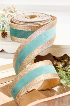 Decorator's Warehouse 2.5" x 10 Yard Celadon and Rose Gold Striped Ribbon > Blue Christmas|Christmas Decor