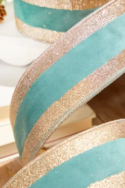 Decorator's Warehouse 2.5" x 10 Yard Celadon and Rose Gold Striped Ribbon > Blue Christmas|Christmas Decor