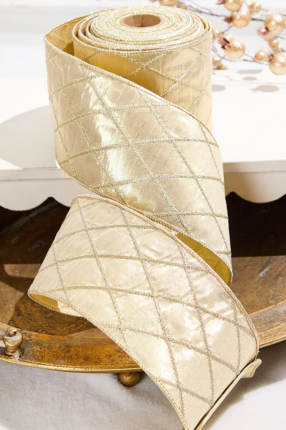 Decorator's Warehouse 4" x 10 Yard Champagne Gold Quilted Dupion Ribbon > Christmas Ribbon|Christmas Decor