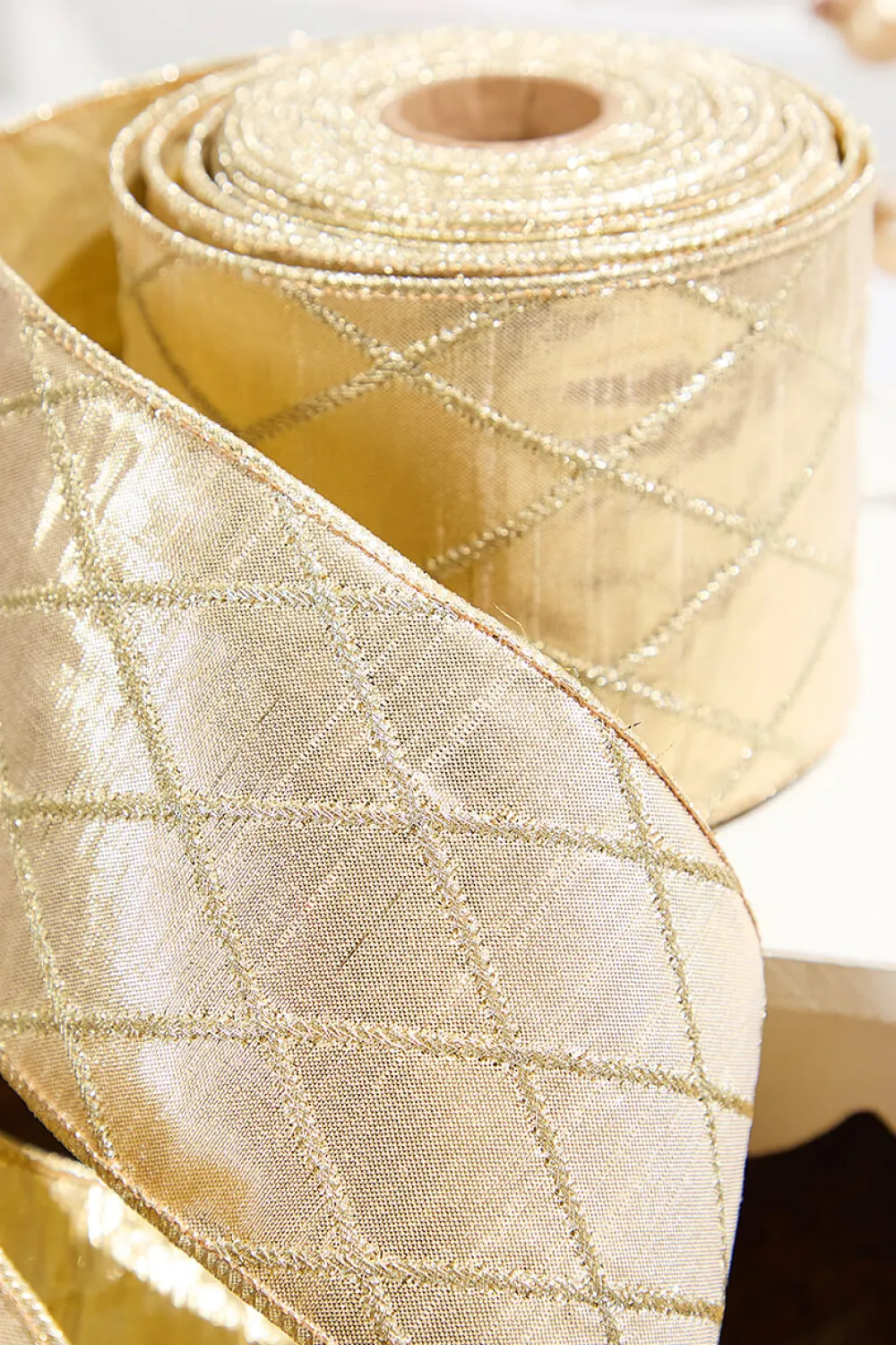 Decorator's Warehouse 4" x 10 Yard Champagne Gold Quilted Dupion Ribbon > Christmas Ribbon|Christmas Decor