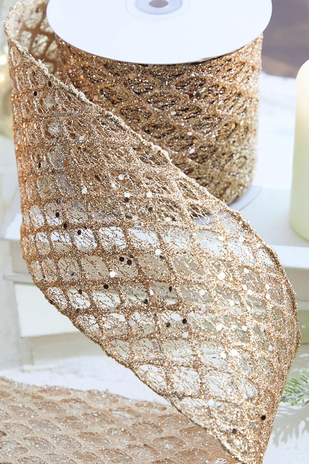 Decorator's Warehouse 4" x 10 Yard Champagne Mesh Wired Ribbon > Christmas Ribbon|Sugar & Spice