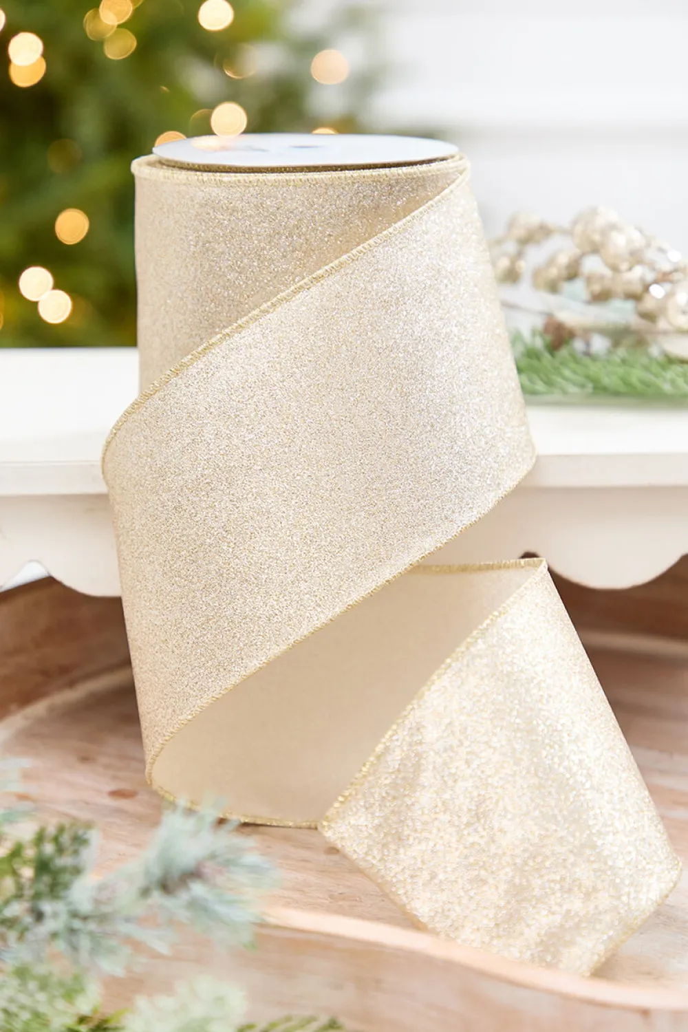 Decorator's Warehouse 4" x 10 Yard Champagne Shimmer Glitter Ribbon > Christmas Decor|Christmas Ribbon