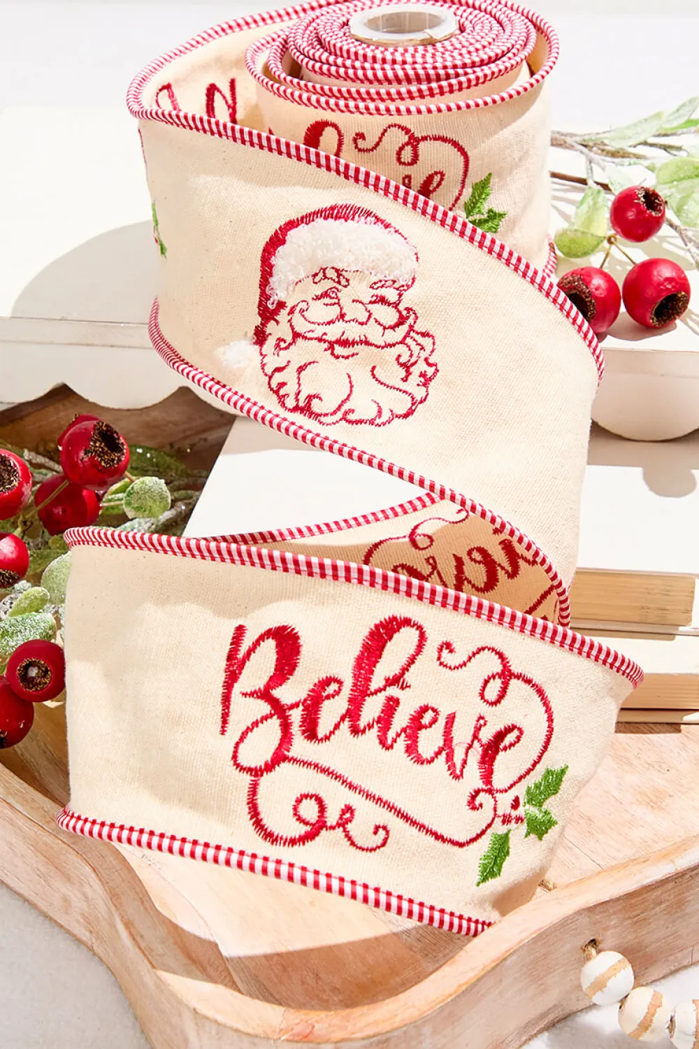 Decorator's Warehouse 4" x 5 Yard Embroidered Santa Face/Believe Ribbon > Christmas Ribbon|Christmas Decor