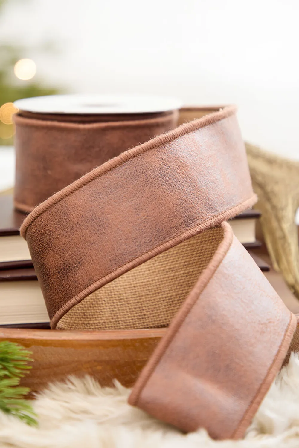 Decorator's Warehouse 2.5" x 5 Yard Faux Leather & Jute Ribbon > Winter Woodland|Heritage Plaid