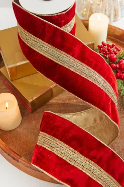 Decorator's Warehouse 4” x 5 Yard Gold Braid Trim Velvet Gold Back Wired Ribbon - Red/Gold > Christmas Ribbon|Nutcracker