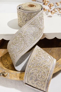 Decorator's Warehouse 4" x 5 Yard Gold Embroidered Silver Velvet Ribbon > Christmas Ribbon|Christmas Decor
