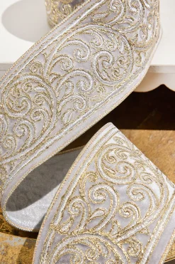 Decorator's Warehouse 4" x 5 Yard Gold Embroidered Silver Velvet Ribbon > Christmas Ribbon|Christmas Decor