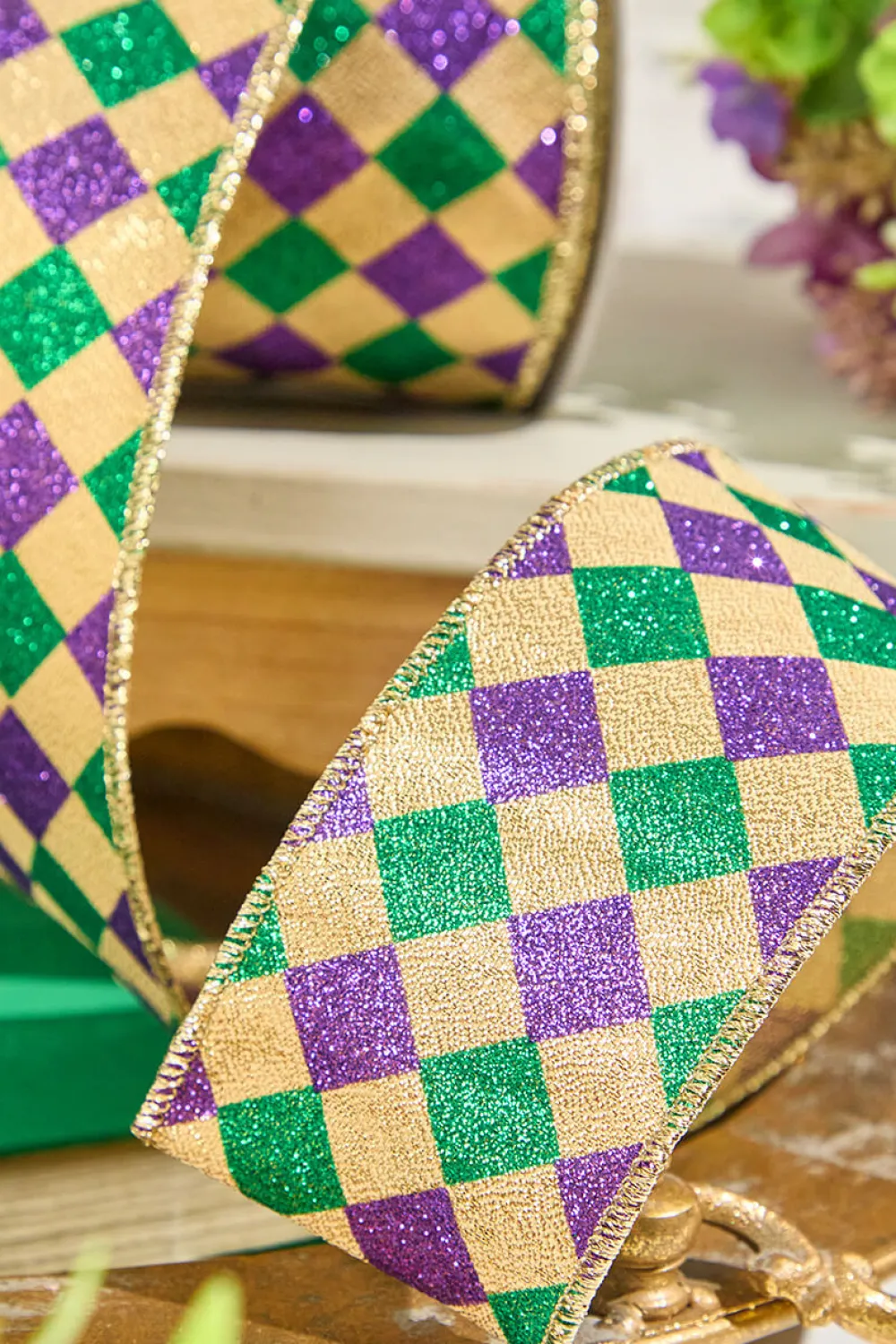 Decorator's Warehouse 2.5" x 10 Yard Gold, Green & Purple Diamond Patterned Ribbon > Mardis Gras|Mardi Gras