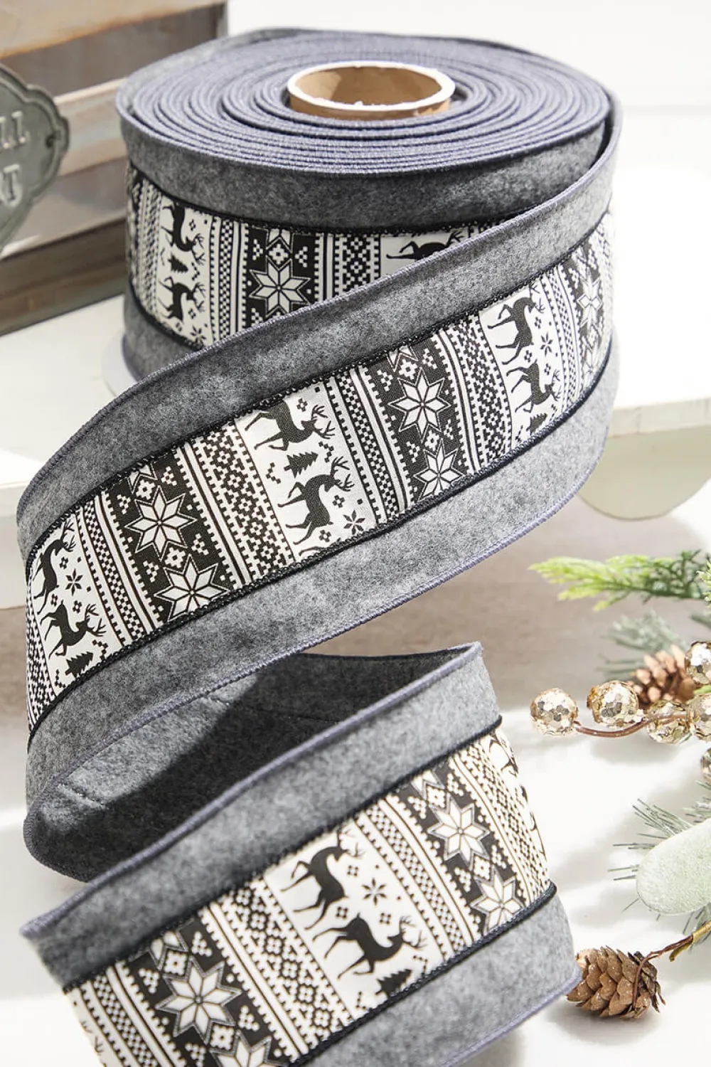 Decorator's Warehouse 4” x 10 Yard Gray Wool Edge Scandinavian Center Stripe Ribbon > Christmas Ribbon|Christmas Sale