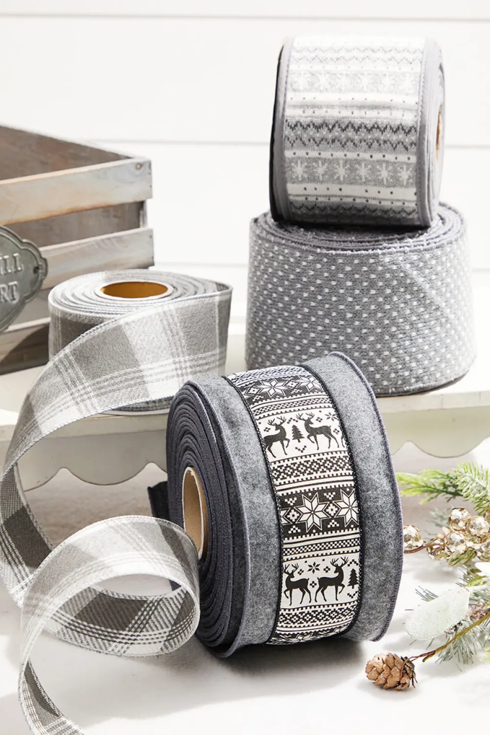 Decorator's Warehouse 4” x 10 Yard Gray Wool Edge Scandinavian Center Stripe Ribbon > Christmas Ribbon|Christmas Sale