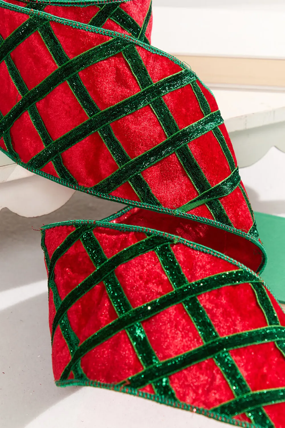 Decorator's Warehouse 4" x 5 Yard Green Diamond Red Velvet Ribbon > Christmas Decor|Christmas Ribbon