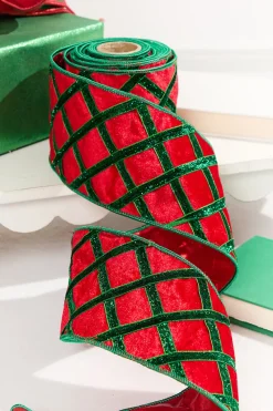 Decorator's Warehouse 4" x 5 Yard Green Diamond Red Velvet Ribbon > Christmas Decor|Christmas Ribbon