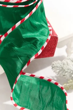 Decorator's Warehouse 4" x 10 Yard Green Dupioni with Red & White Piping Ribbon > Christmas Decor|Christmas Ribbon