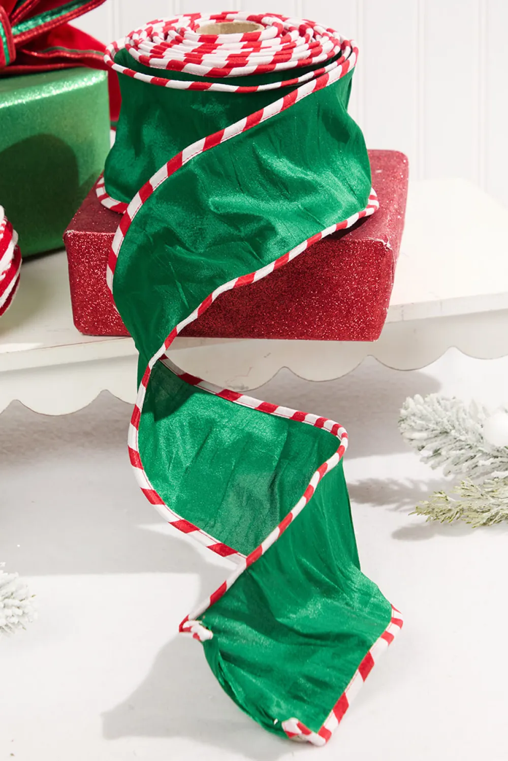 Decorator's Warehouse 4" x 10 Yard Green Dupioni with Red & White Piping Ribbon > Christmas Decor|Christmas Ribbon