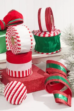 Decorator's Warehouse 2.5" x 10 Yard Green Lamé with Red Glitter Stripe Ribbon > Christmas Ribbon|Christmas Decor