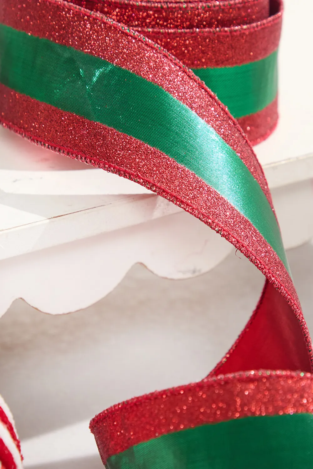Decorator's Warehouse 2.5" x 10 Yard Green Lamé with Red Glitter Stripe Ribbon > Christmas Ribbon|Christmas Decor