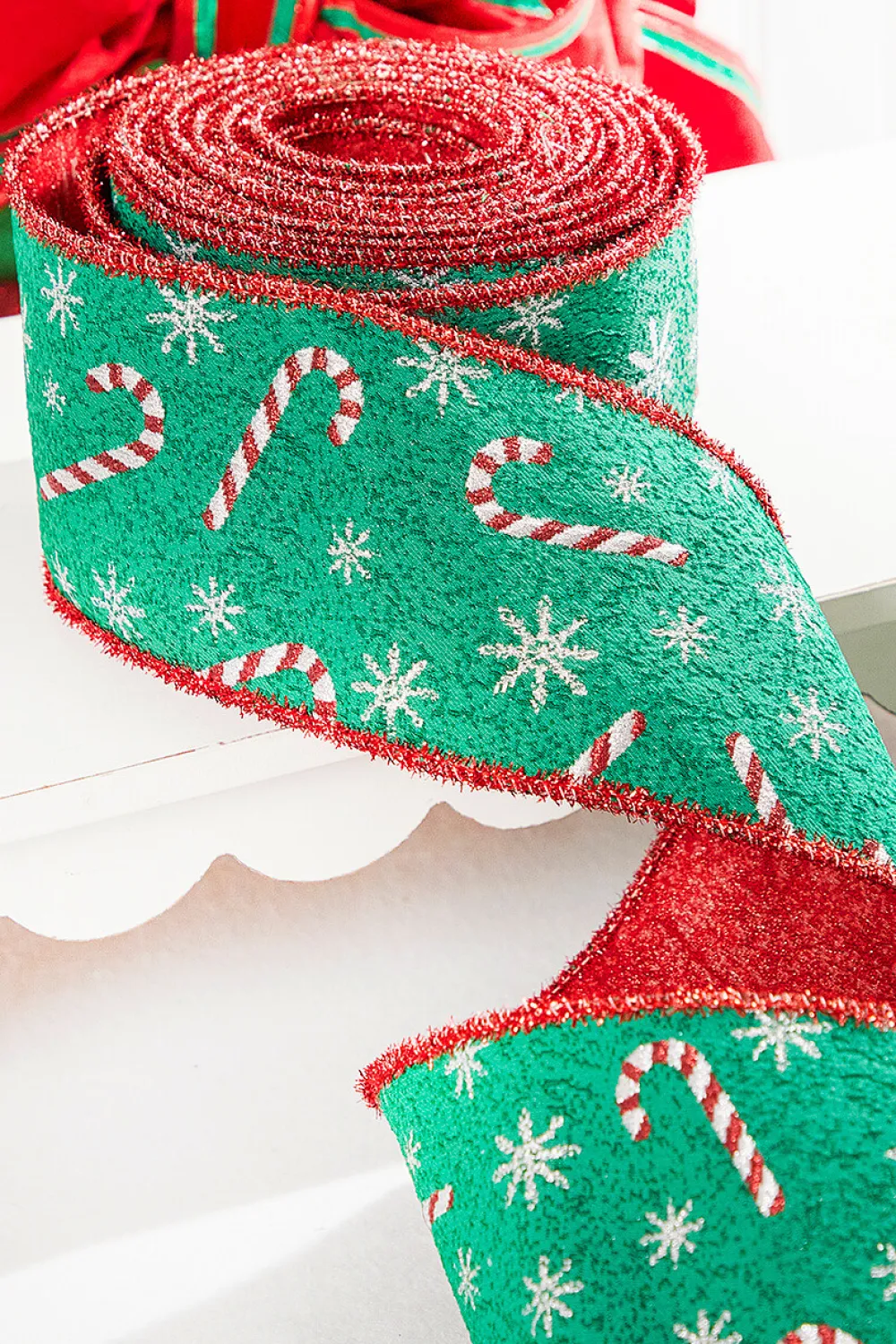 Decorator's Warehouse 4" x 10 Yard Green/Red Candy Cane Jacquard Ribbon > Christmas Decor|Christmas Ribbon