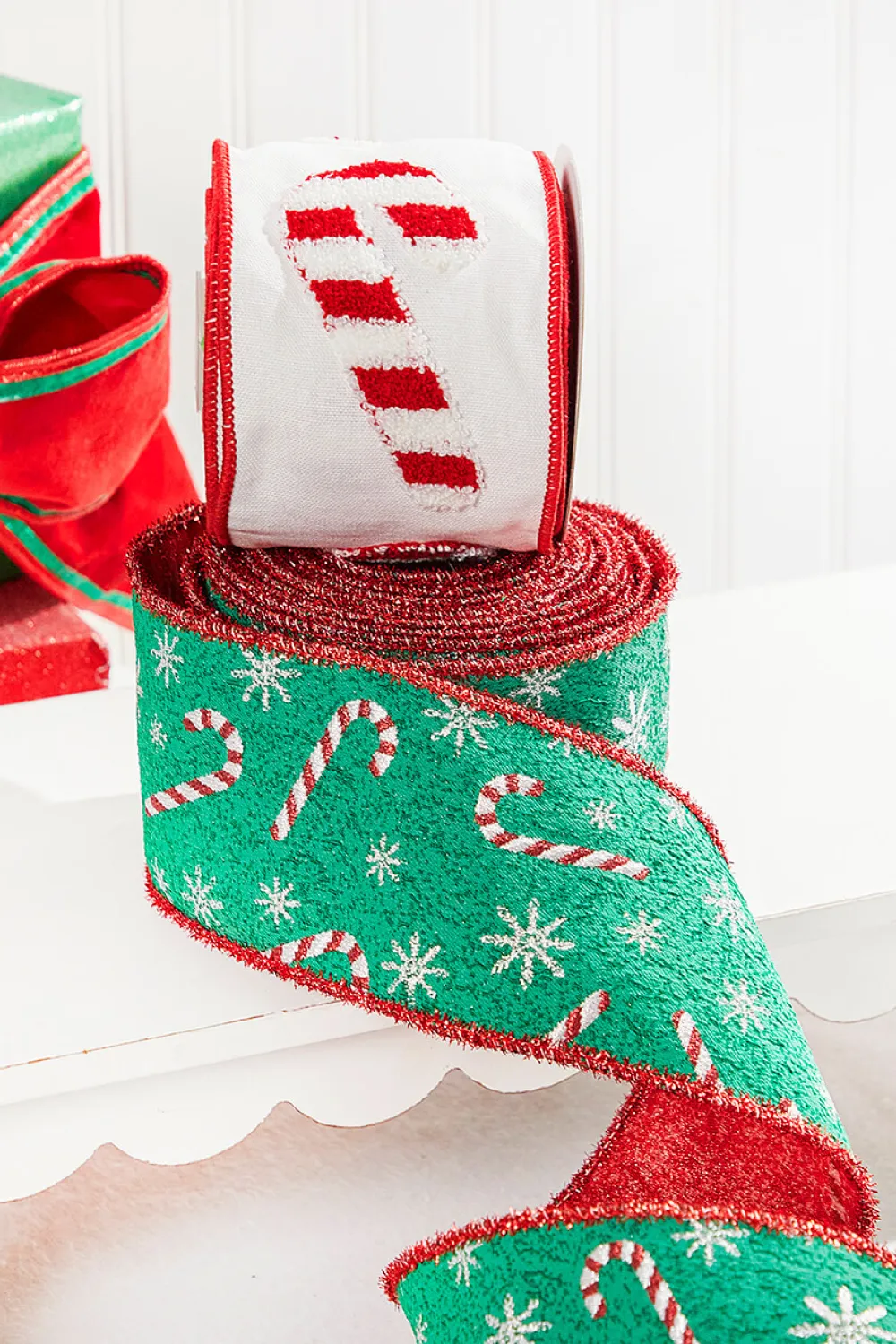 Decorator's Warehouse 4" x 10 Yard Green/Red Candy Cane Jacquard Ribbon > Christmas Decor|Christmas Ribbon
