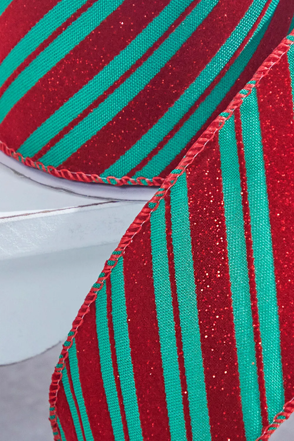 Decorator's Warehouse 2.5" x 10 Yard Green With Red Glitter Diagonal Stripe Wired Ribbon > Christmas Decor|Christmas Ribbon