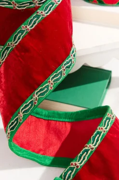 Decorator's Warehouse 4" x 5 Yard Holly Leaves Edged Red Velvet Ribbon > Christmas Decor|Christmas Ribbon