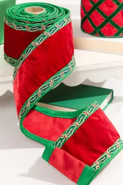Decorator's Warehouse 4" x 5 Yard Holly Leaves Edged Red Velvet Ribbon > Christmas Decor|Christmas Ribbon