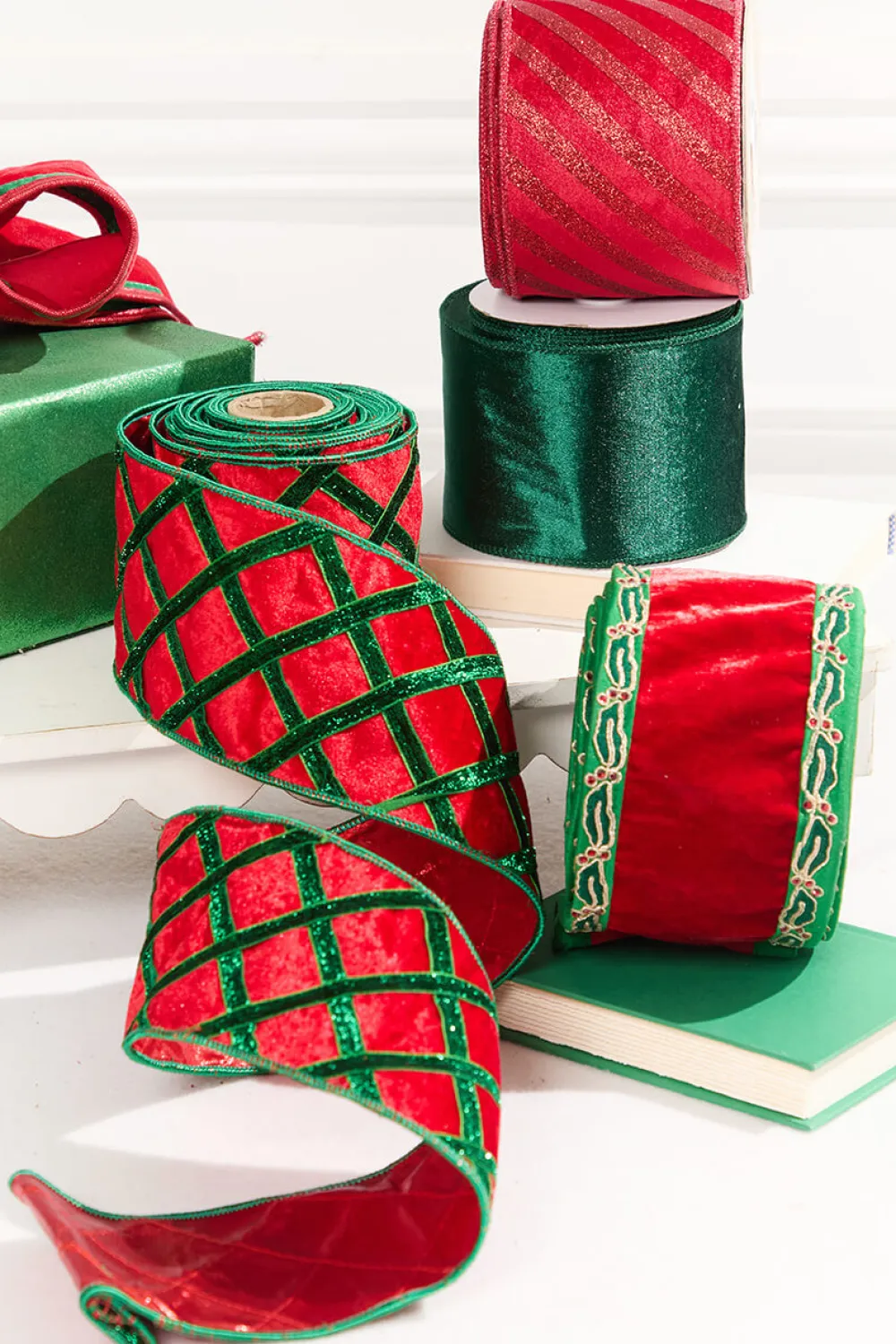 Decorator's Warehouse 4" x 5 Yard Holly Leaves Edged Red Velvet Ribbon > Christmas Decor|Christmas Ribbon